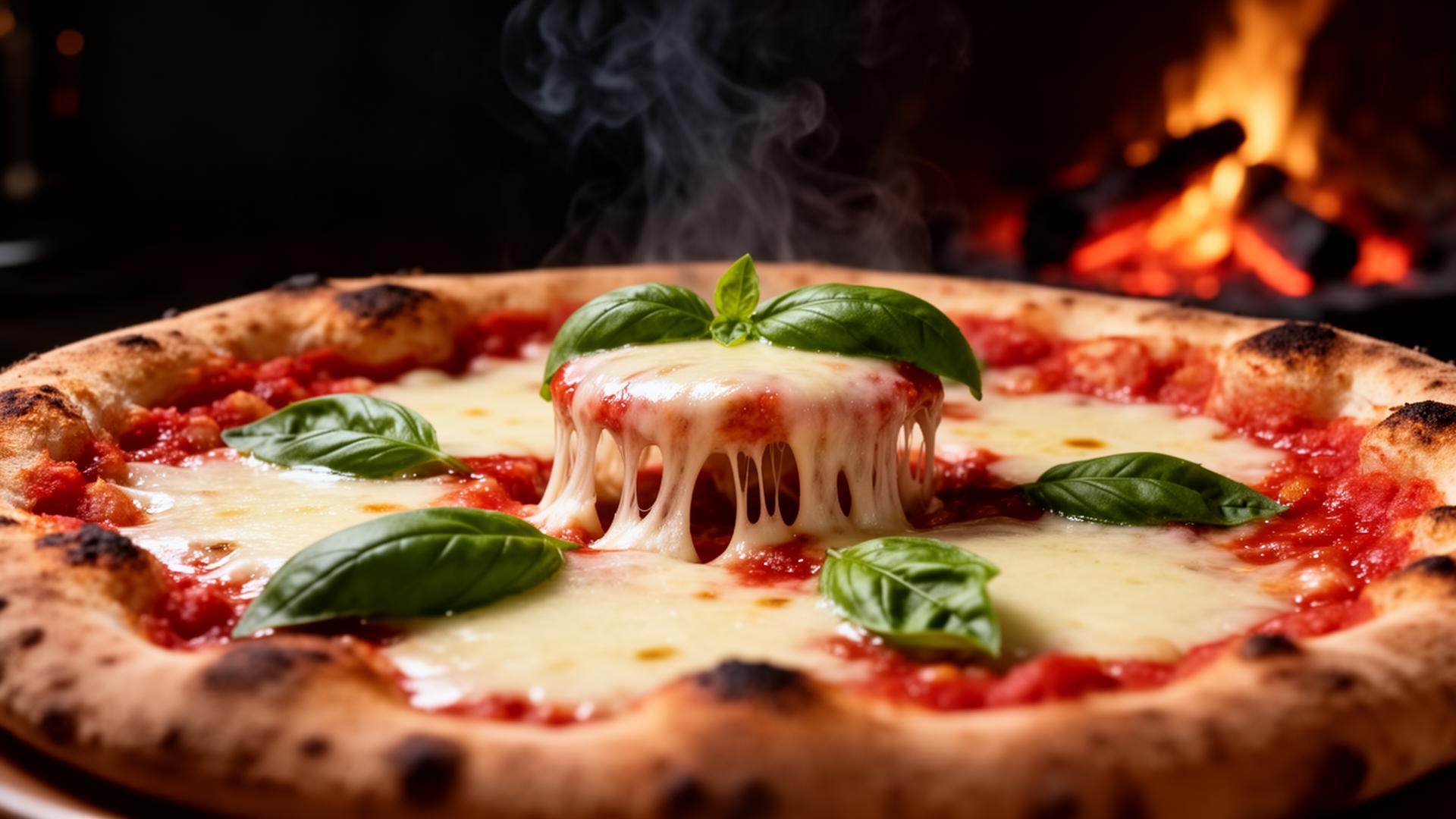 Pizza margherita appena sfornata con mozzarella filante